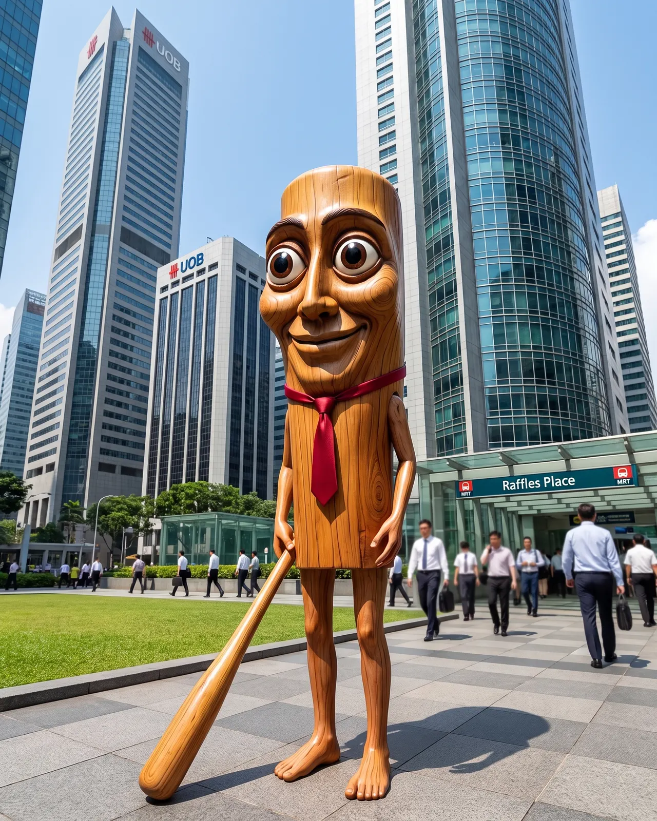 Tung Tung Sahur wearing a necktie at Raffles Place, Singapore CBD