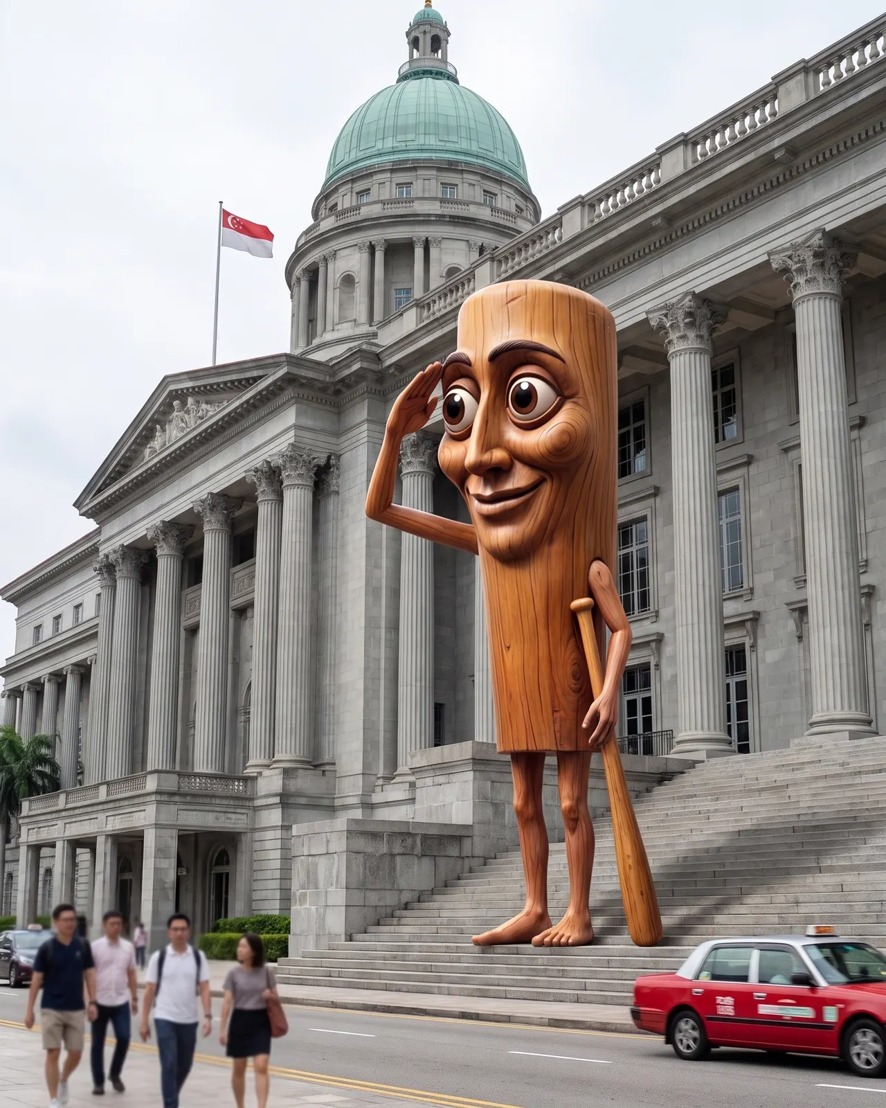 Tung Tung Sahur saluting outside the former Supreme Court building, Singapore