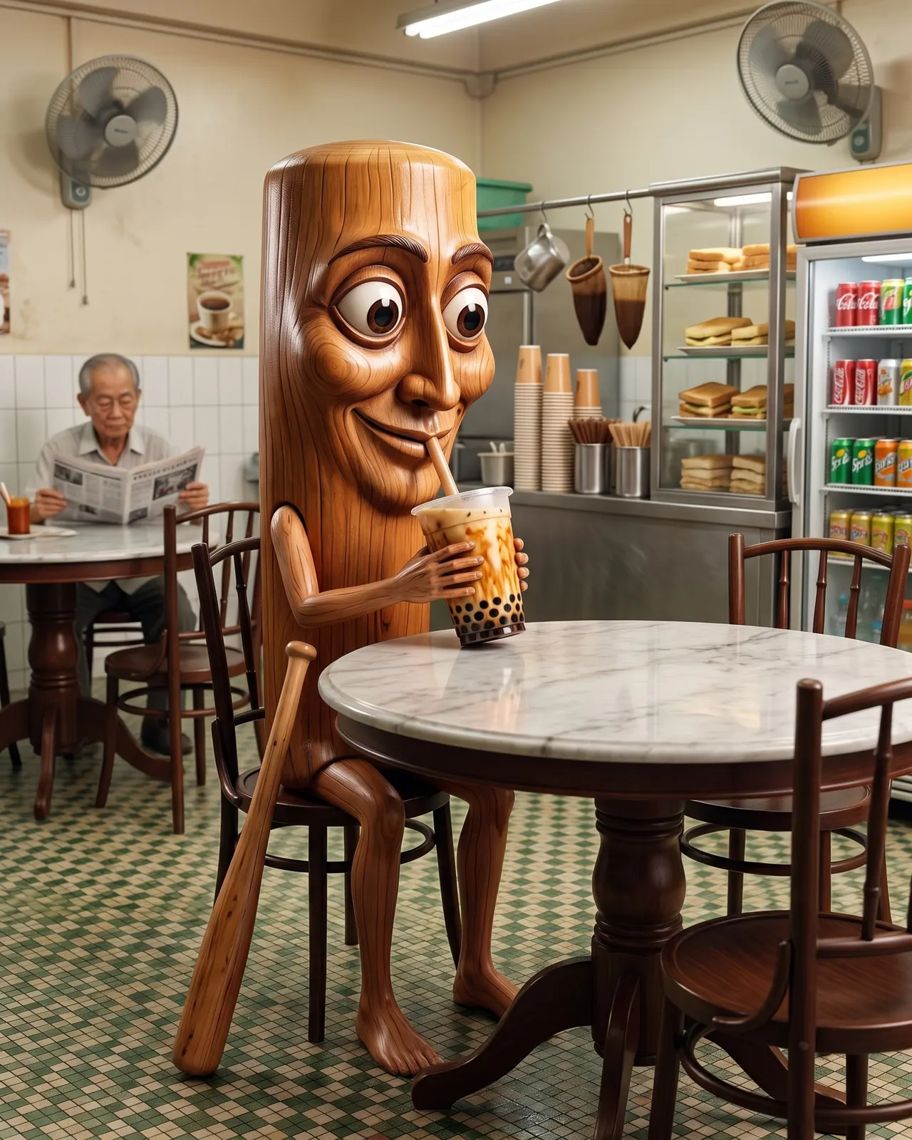 Tung Tung Sahur sipping bubble tea at an old-school Singapore kopitiam